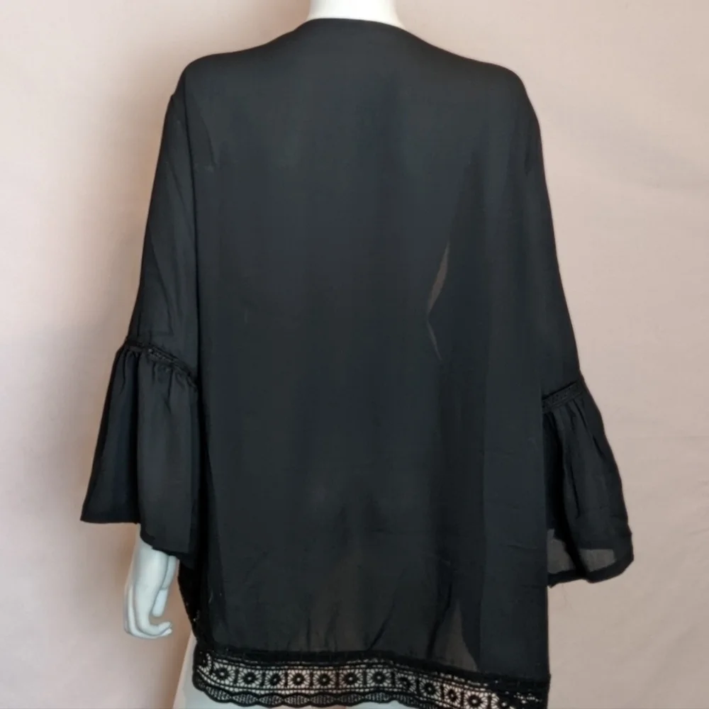 Black Crochet Trim Bohemian Open Front Cardigan Kimono Top